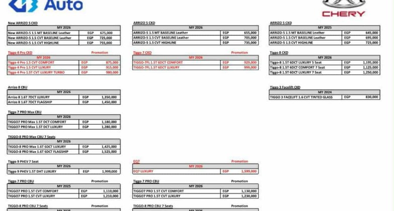 تخفيضات جديدة في قائمة سيارات شيري