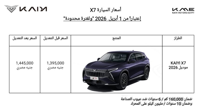 زيادة 50 ألف جنيه.. اسعار كايي X7 الجديدة لشهر أبريل