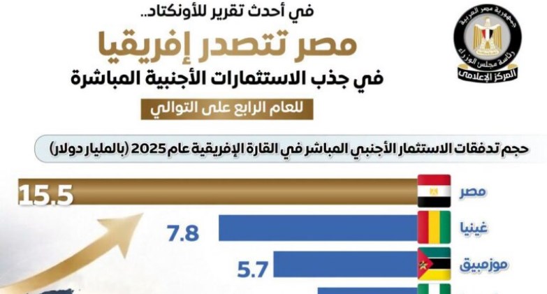  “الأونكتاد” : مصر تتصدر إفريقيا في جذب الاستثمارات الأجنبية المباشرة للعام الرابع على التوالي
